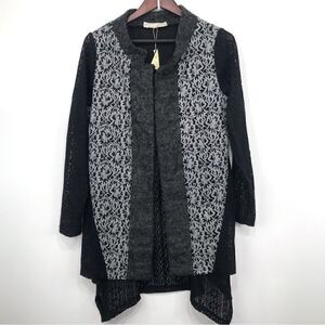 A’reve Gray Black Felted Wool Floral Lace Panel Long Sleeve Tunic Cardigan